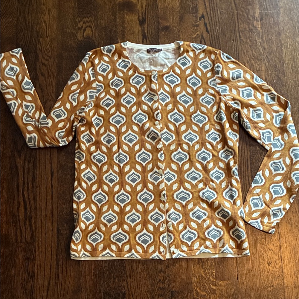 J. McLaughlin Brown and White Geometric Flower Cardigan
